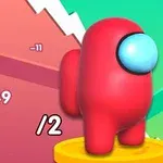 赤いキャラクターが金のコインの上に立っており、背景には数字とグラフが描かれている。