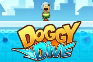 青空の背景に、ヘルメットをかぶった犬のキャラクターと「DOGGY DIVE」という大きな文字がプールサイドに表示されている画像。