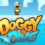 青空の背景に、ヘルメットをかぶった犬のキャラクターと「DOGGY DIVE」という大きな文字がプールサイドに表示されている画像。