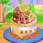 青いお皿の上に、家の形をしたジンジャーブレッドが飾られたケーキ。