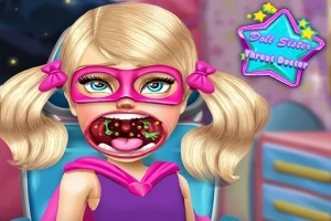 金髪の少女がピンクのマスクをつけて口を大きく開けているイラスト。