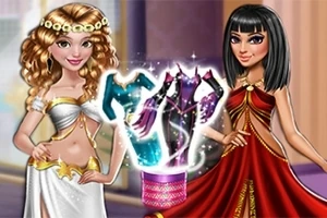 2人の女性が古代風の衣装を着ており、中央にキラキラ輝く衣服が浮かんでいる。