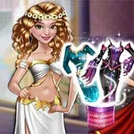 2人の女性が古代風の衣装を着ており、中央にキラキラ輝く衣服が浮かんでいる。