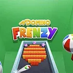 緑色の背景に黄色とカラフルな文字で「DOMINO FRENZY」と書かれ、中央に並べられたドミノと側面にビーチボールがあるシーン。