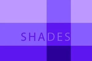 紫色の異なる色調で構成された四角いパターンと、中央に「SHADES」の文字。