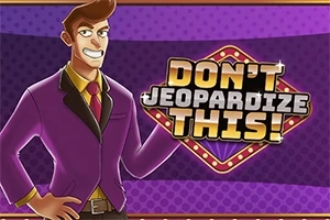 紫色のスーツを着た男性キャラクターが、ライトで縁取られた「DONT JEOPARDIZE THIS!