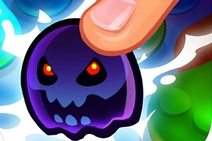 暗い顔の紫色のキャラクターに指が触れているイラスト。