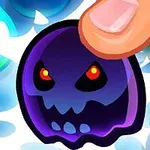 暗い顔の紫色のキャラクターに指が触れているイラスト。