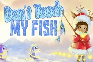 羊の角をつけた赤いコートの少女が釣り竿で魚を持っており、雪景色の中に光るペンギンがいる。