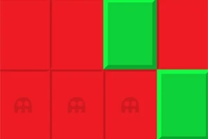 赤い背景に緑の四角形と円と形が並んでいる画像。