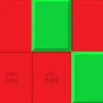 赤い背景に緑の四角形と円と形が並んでいる画像。