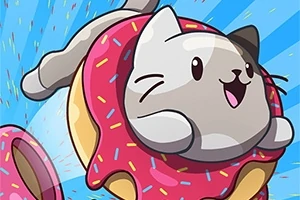 ドーナツをくぐっている楽しそうな猫のイラスト。