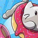 ドーナツをくぐっている楽しそうな猫のイラスト。