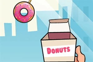 ピンクのドーナツを持つ手と「DONUTS」と書かれた箱が描かれた漫画風のイラスト。