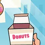 ピンクのドーナツを持つ手と「DONUTS」と書かれた箱が描かれた漫画風のイラスト。