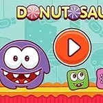 紫色のキャラクターとカラフルなブロックが並んだイラスト。