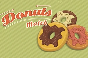緑色のストライプ背景にチョコレートやアイス風トッピングのドーナツ3つと「Donuts Match」のロゴ。