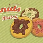 緑色のストライプ背景にチョコレートやアイス風トッピングのドーナツ3つと「Donuts Match」のロゴ。
