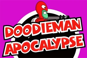 赤いマスクをかぶったキャラクターが武器を構え、背景に「DOODIEMAN APOCALYPSE」というタイトルが描かれたピンク色の背景。