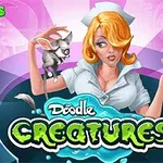 看護師の帽子をかぶった女性が小さな動物と試験管を持っている。