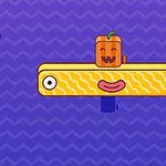 紫色のジグザグ模様の背景に、笑顔のカボチャが載った黄色とオレンジの顔付きブロックが描かれている。