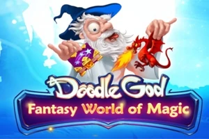 白いひげの魔法使いがドラゴンを手に持ち、背景には魔法のイラストと文字があります。