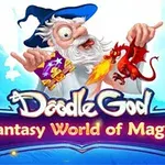 白いひげの魔法使いがドラゴンを手に持ち、背景には魔法のイラストと文字があります。