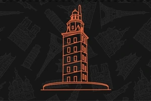 黒い背景に赤い線で描かれた灯台のイラスト。
