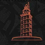 黒い背景に赤い線で描かれた灯台のイラスト。