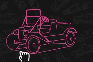 ピンク色の線で描かれたクラシックカーのイラストとカーソルのアイコン。