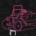 ピンク色の線で描かれたクラシックカーのイラストとカーソルのアイコン。