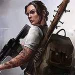 若い女性が銃を持ち、刺青のある腕を見せながら壊れた都市の背景にバックパックを背負って立っている。