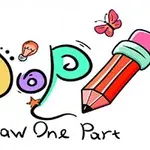 明るくカラフルな文字「DOP」と「Draw One Part」、鉛筆、電球、蝶、さくらんぼが描かれたイラスト。