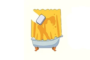 バスタブの黄色いシャワーカーテンの後ろに、人のシルエットが見えるイラスト。