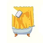 バスタブの黄色いシャワーカーテンの後ろに、人のシルエットが見えるイラスト。