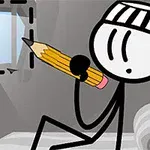 刑務所の独房で、大きな鉛筆を持ったスティックマンが座っているイラスト。