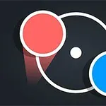 黒い背景に赤と青の円が白い線で繋がれている図形。