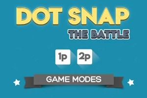 青い背景に黄色と白の文字で「DOT SNAP THE BATTLE」と書かれたロゴと「1p」「2p」ボタンがあり、下に「GAME MODES」と書かれたリボンが表示されている画像。