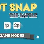 青い背景に黄色と白の文字で「DOT SNAP THE BATTLE」と書かれたロゴと「1p」「2p」ボタンがあり、下に「GAME MODES」と書かれたリボンが表示されている画像。