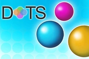 カラフルな3つのボールと「DOTS」という文字が青い背景に配置されています。