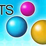 カラフルな3つのボールと「DOTS」という文字が青い背景に配置されています。
