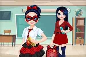教室でポーズをとる赤い服を着た2人の女性キャラクター。