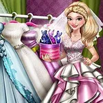 ベールをつけた女性がカラフルなドレスがかけられたラックの横でブーケを持っている。