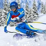青と黄色のスキーウェアを着たスキーヤーが、雪に覆われた山岳地帯を滑降している。
