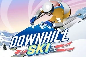スキーヤーが雪山を急降下しているイラストで、下に「DOWNHILL SKI」と描かれている。