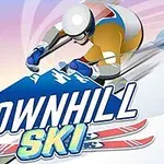 スキーヤーが雪山を急降下しているイラストで、下に「DOWNHILL SKI」と描かれている。