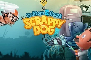 飛行する犬と科学者のキャラクターが描かれたカラフルなイラスト。