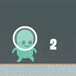 緑色のキャラクターが数字「2」と並んで、水面の上を歩いているイラスト。