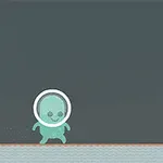 緑色のキャラクターが灰色の背景を歩いているシーン。