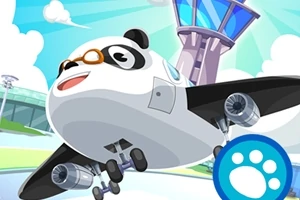 パンダの顔をした飛行機が空港を飛び立つ準備をしているイラスト。